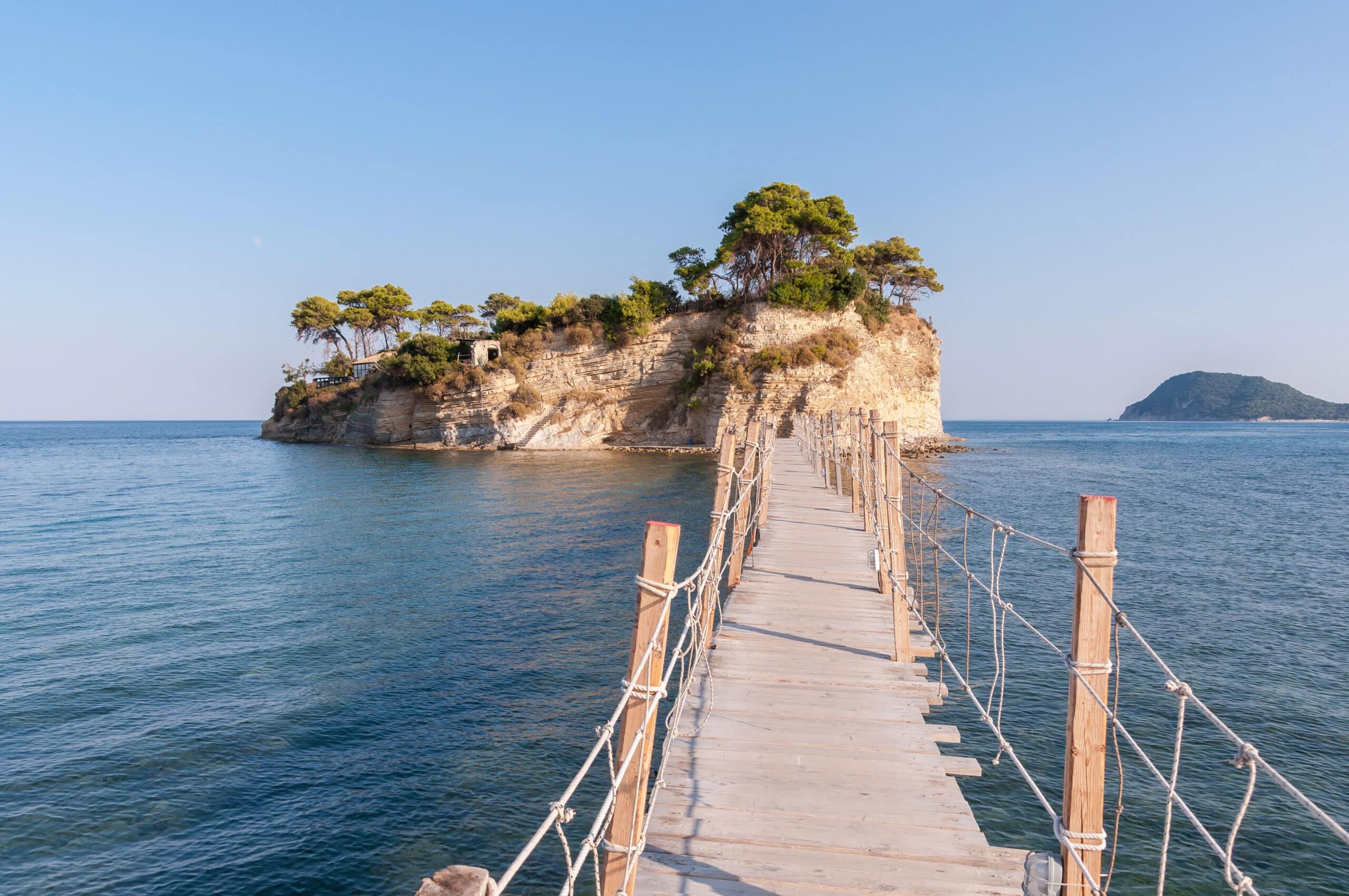 Hanging wooden bridge to Cameo Island, Zakynthos, Greece
