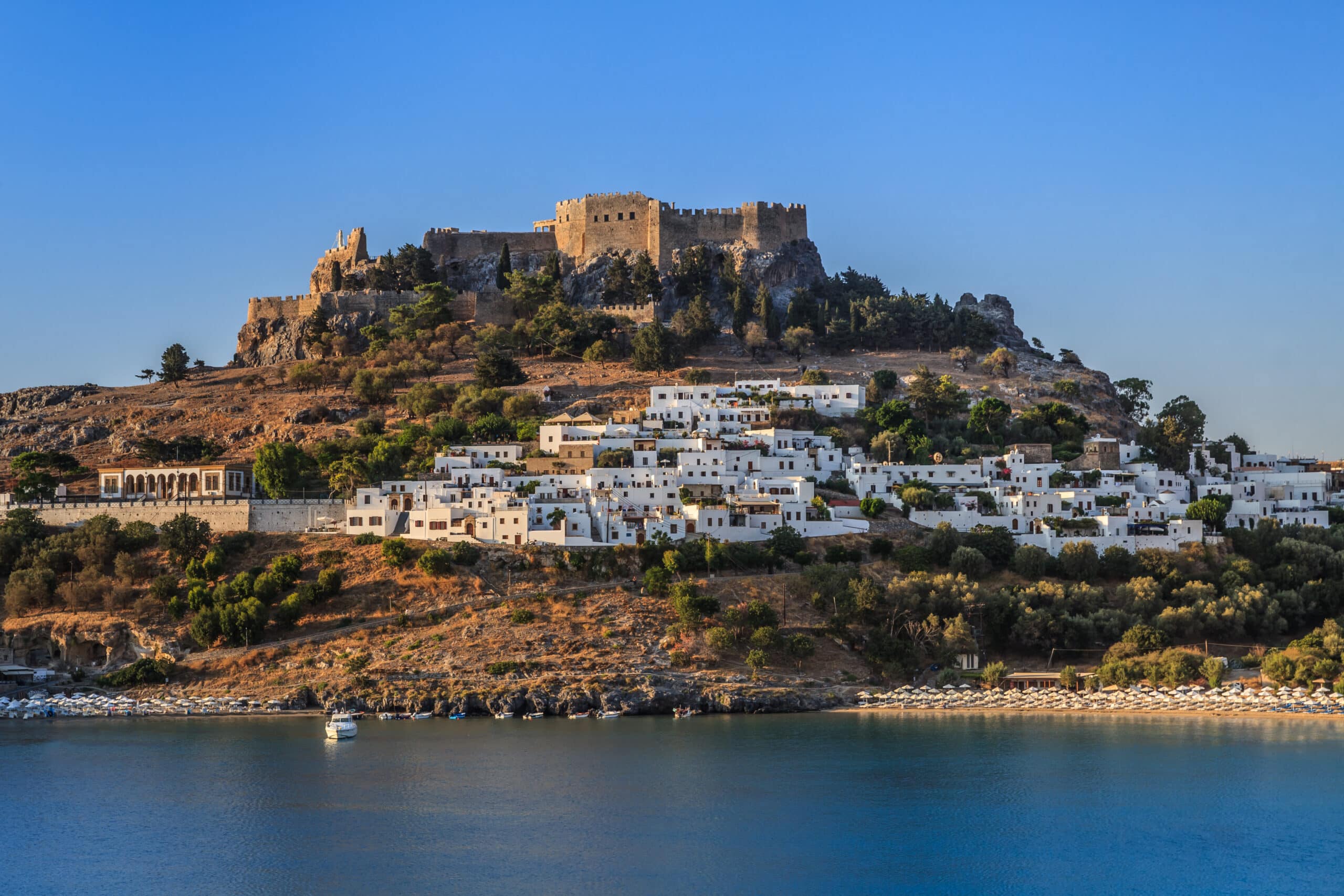 Lindos with the castle above on the Greek Island of Rhodes