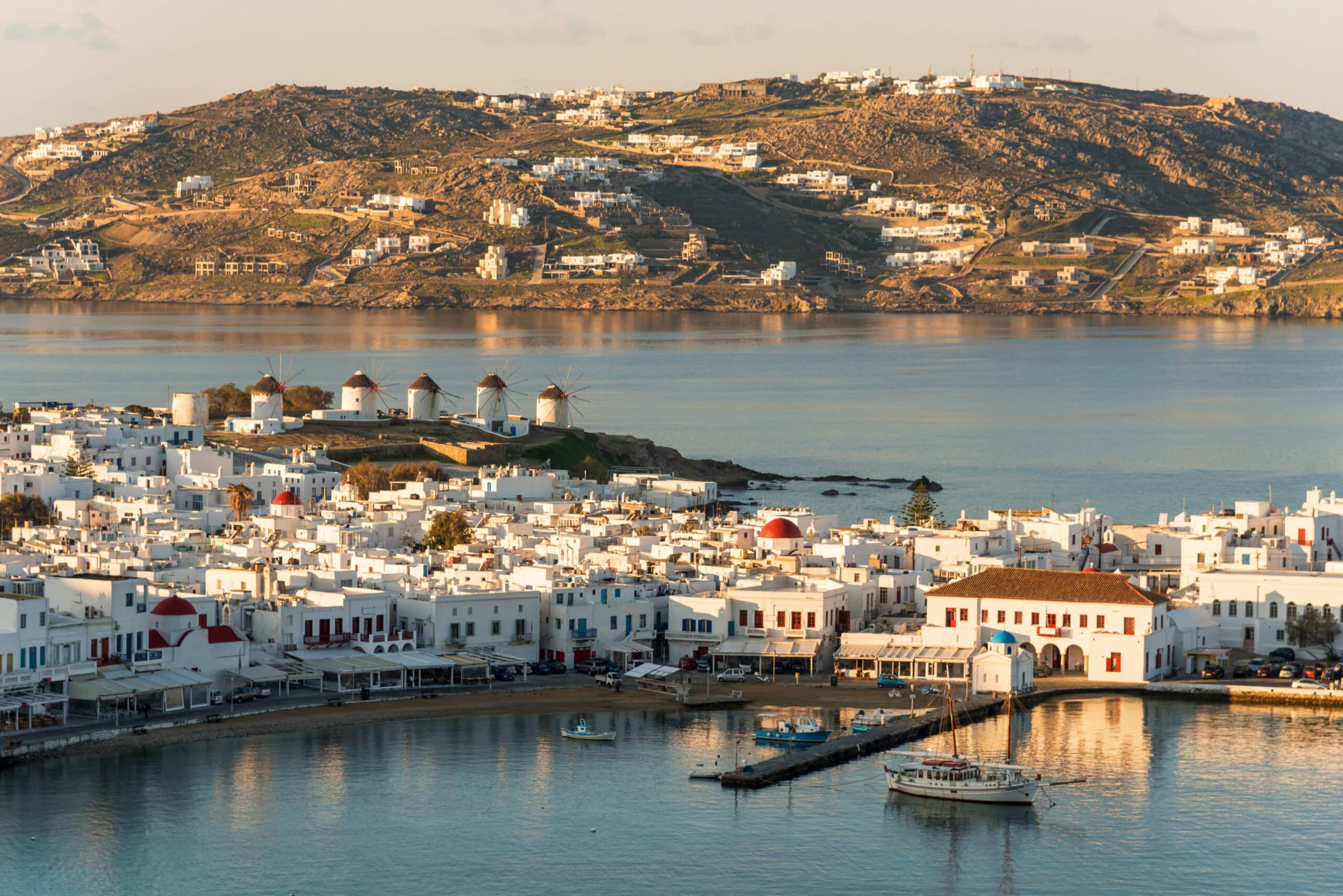 Views of the port of Hora from a hill on the Greek Island of Mykonos