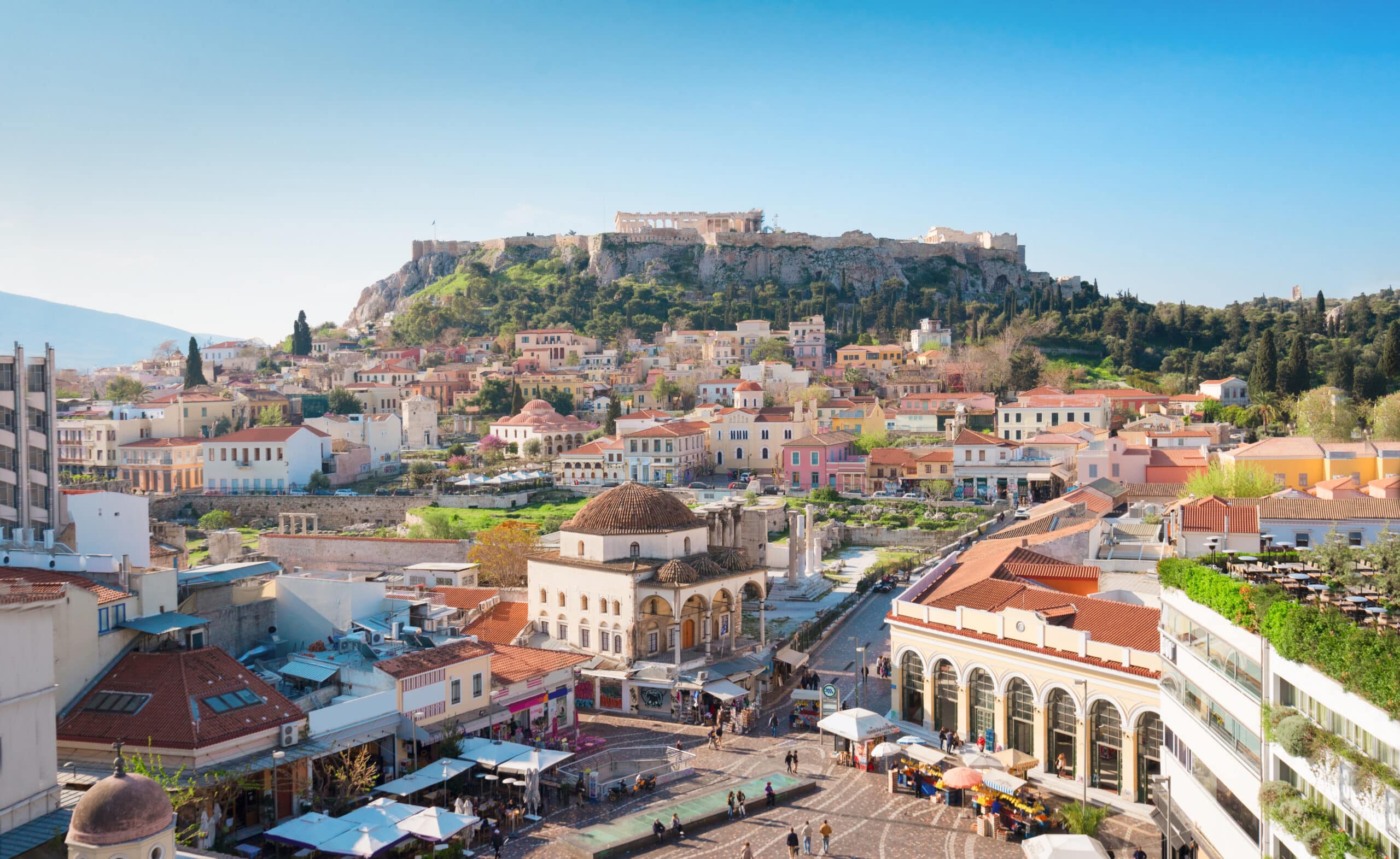 Skyline of Athenth with Moanstiraki square and Acropolis hill, Athens Greece, web banner format